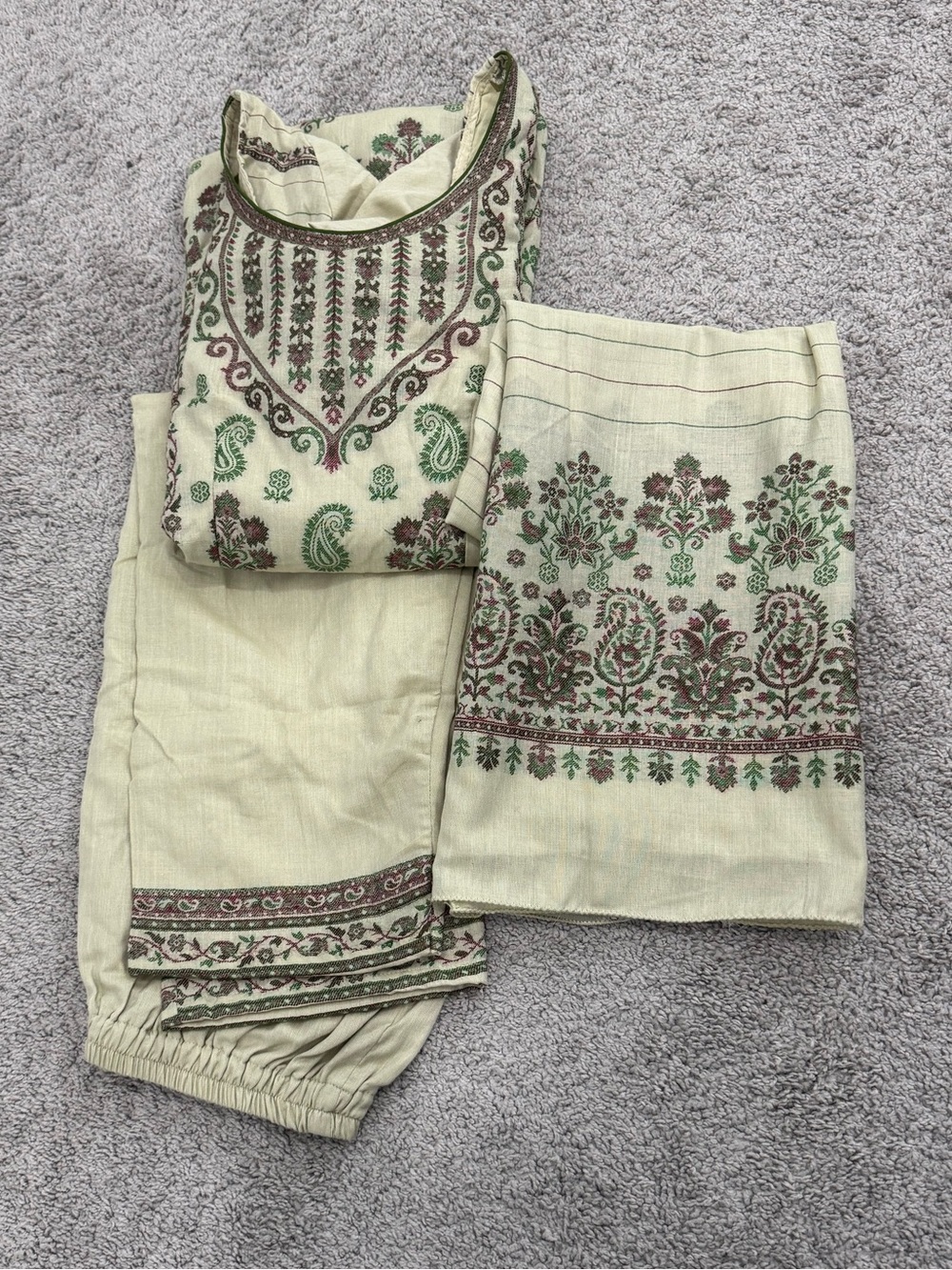 Embroidered Light Sage Kurta Set with Green & Brown Motifs